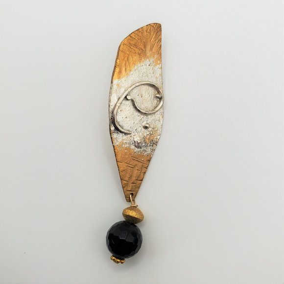 Hand-Crafted Artisan Earrings - Burnished Gold/Silver Tone - Black Dangle - Picture 3 of 8